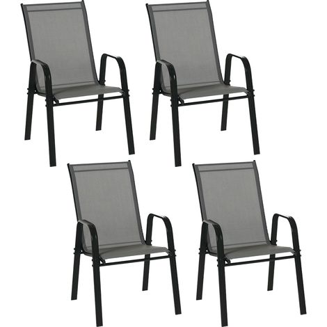 Set 4 Sedie da Giardino Impilabili e Salvaspazio con Braccioli in Metallo e Tessuto a Rete, Grigio