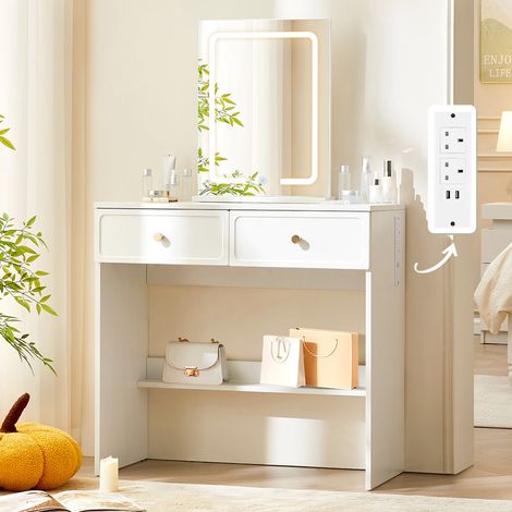 Dressing Table with LED Mirror and Charging Station, Small Vanity Makeup Desk with 2 Vacuum-Formed Drawers for Bedroom Women Girls White (1/5)