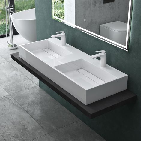 Mai & Mai Lavabo da Appoggio Rettangolare Design Moderno Lavandino bagno a 2 Vasche in Marmoresina, 120x48x13cm Finitura Bianco Colossum12-1200-2 (1/5)