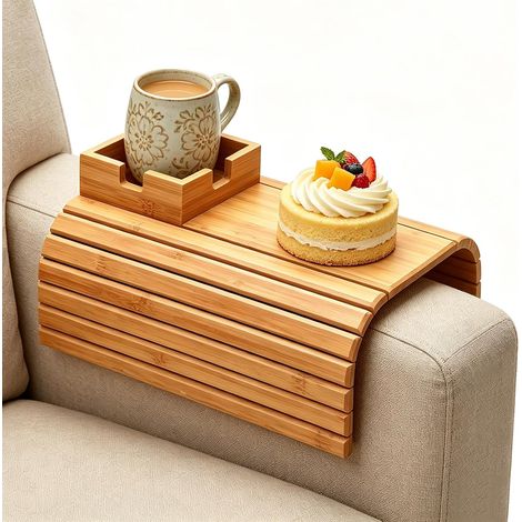 Plateau de canapé avec accoudoir en bambou - Antidérapant - Avec porte-gobelet - Pliable - Pour collations, téléphone portable, télécommande - Organiseur de canapé peu encombrant (1/5)