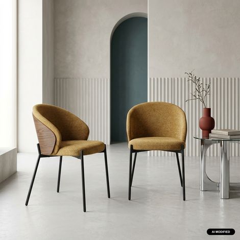sweeek - Lot de 2 chaises bois de peuplier teinté noyer. acier noir et tissu texturé moutarde - Paul (1/5)