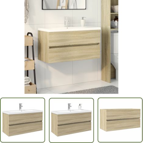 The Living Store 2-tlg. Badmöbel-Set Keramik und Holzwerkstoff - Badmöbel-Set - Holzwerkstoff - Keramikwaschbecken - Sonoma-Eiche - Badezimmermöbel (1/5)