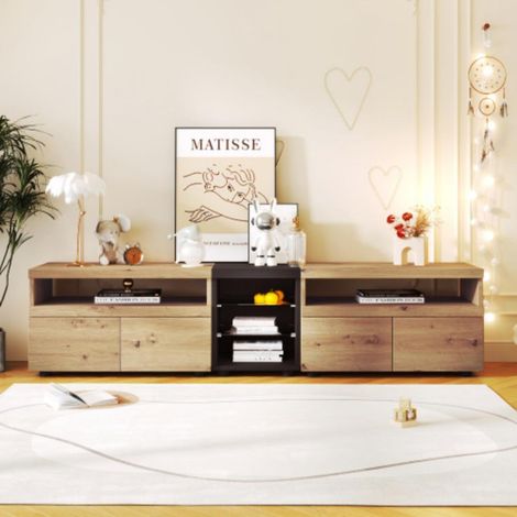 Meuble TV, base avec tiroirs et séparateurs en verre, design color block en noir et bois. 2014048cm (1/5)
