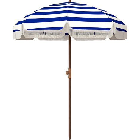 Parasol de plage à franges Ø190x210 cm, protection UV40+, coupe-vent, imperméable, sac de transport, bleu et blanc (1/5)