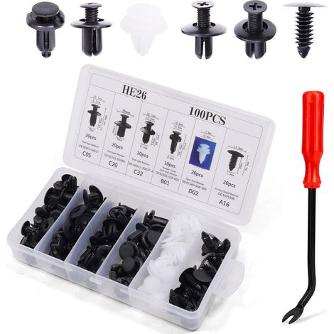 Kit 100 agrafes de pare-chocs + extracteur – Rivets de garniture auto – Tailles variées – Pour panneau de porte, aile (1/5)