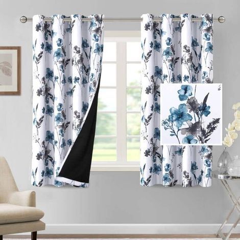Verdunkelungsvorhänge – ca. 160 cm lang – 2er-Set – Vorhänge mit Blumenmuster – Warmtonige Blumenmuster – Geeignet fürs Schlafzimmer – Grau und Blau (1/5)