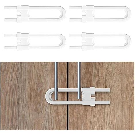 Verrous de placard coulissants, 4 pièces loquets de sécurité enfant, forme en U pour tiroirs, réglables, installation facile sans perçage ni colle.