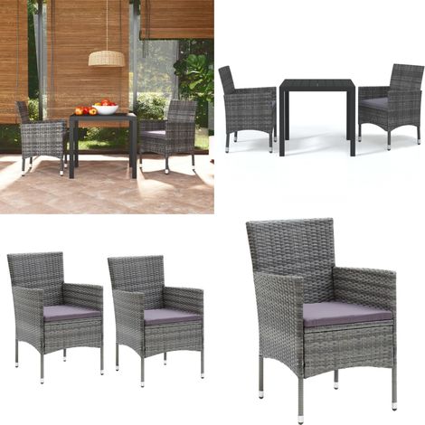 3-tlg. Garten-Essgruppe mit Kissen Poly Rattan Grau - Gartensessel - Gartenstuhl - Outdoor Möbel - Balkonmöbel - Terrassenmöbeln - Home & Living