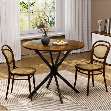 Table de salle à manger ronde 90 cm avec pieds en métal, brun rustique et noir, pour 1 à 4 personnes (1/5)