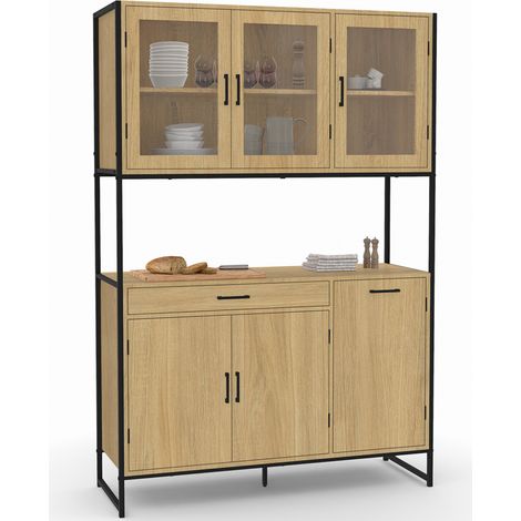 Idmarket – Buffet de cuisine vitré 120 cm – 6 portes vitrées – Tiroir L.69 x l.35 x H.7.5 cm – Design industriel en panneaux mélaminés et métal noir