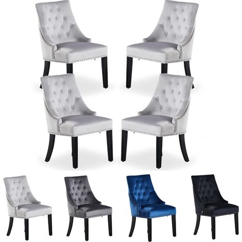 Set di 4 sedie da pranzo Windsor Velvet con gambe in legno - Sedia da pranzo Ring Knocker Back - Sedia imbottita - Sedia da pranzo moderna - Cucina, soggiorno - Grigio chiaro