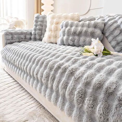 Sofa Cover Shaggy Rug Plush Sofa Cushion, Anti-Slip Sofa Cover, Super Soft Faux Fur Cushion Cover, Plush Sofa Cover, Fluffy Sofa-Light Gray-70x210cm