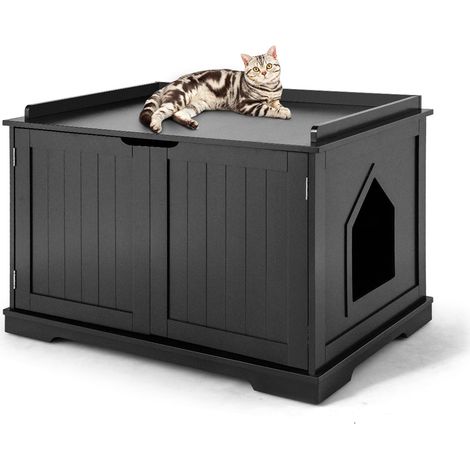 Casa multifuncional para gatos de 75 x 54 x 52 cm con gatera y puerta magnética moderna en MDF negro 200018958