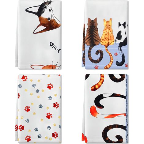 4PCS Torchons de Cuisine, Essuie Main Absorbante, Motif de Chat de Dessin animé, Torchon Vaisselle, Bar Multi-usages, Doux et absorbants Serviettes de Cuisine, 45 cm x 66 cm (1/5)