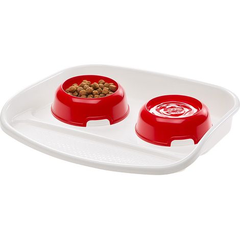 Ferplast Vassoio con ciotole per cani e gatti LINDO Doppia mangiatoia per animali, Base in plastica resistente, Piedini antiscivolo, Due ciotole incluse capacità 0,6 L, 44,5 x 34 x h 7 cm Rosso (1/4)