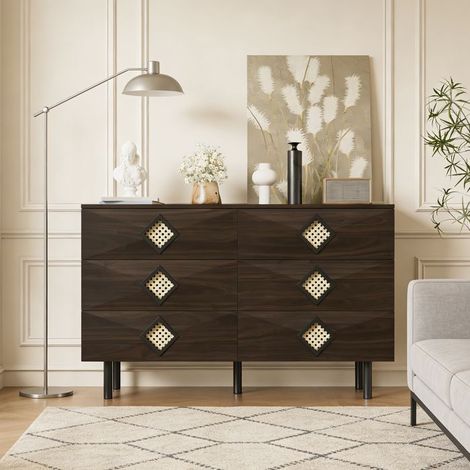 Coiffeuse - POCKETPOP - 6 tiroirs - Poignées en rotin - Scandinave - 120 x 40 x 74 cm - Bois naturel