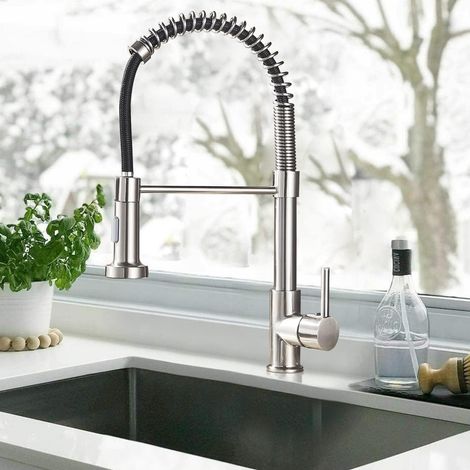 Robinet Cuisine Nickel brossé Mitigeur Cuisine Avec Douchette 360° Robinet d'Évier à Arc Élevé pulvérisateur escamotable 2 Modes de Pulvérisation,Chaud et Froid-Nickel Brossée
