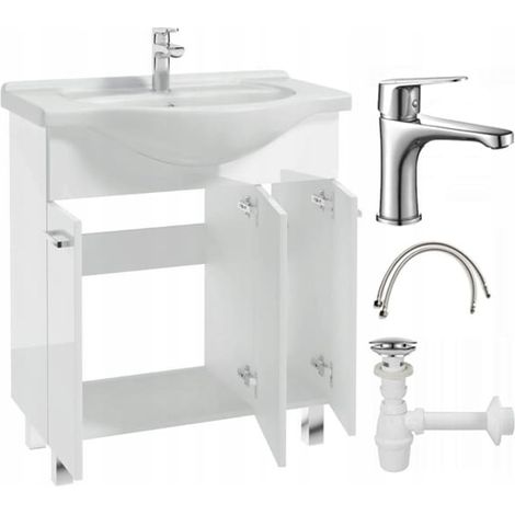 Mueble de baño con lavabo sobre patas de 84x75 cm, de pie, color blanco Mea, con grifo cromado alargado.
