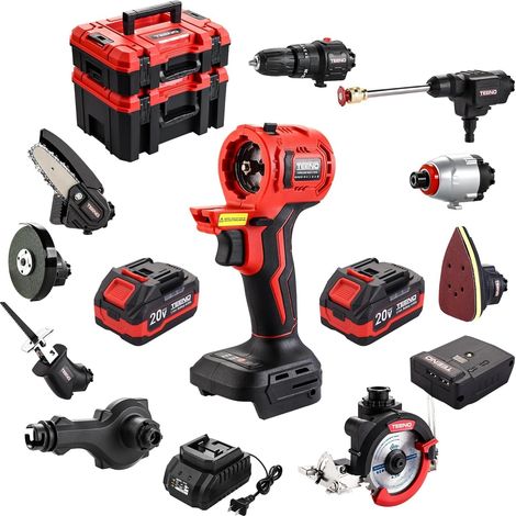 Kit Combiné Sans Fil 20V TEENO, Outil Multi-Fonctionnel Sans fil 11 en 1 Avec étui, 2 x 4.0Ah Batterie, Perceuse, Scie Sabre, Scie à Chaîne, Cef à Chocs, Outil Oscillant, Ponceuse Avec Accessoires