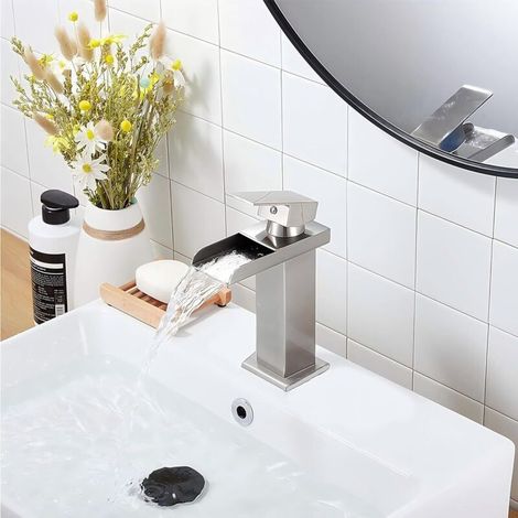 Robinet de salle de bain cascade en acier inoxydable , bec chaud et froid , robinet d'évier à poignée unique (brossé) (1/4)