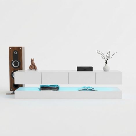 ELVMI Meuble TV Mural avec 4 Tiroirs et 2 Caissons, Éclairage LED Contrôlé par Application, pour Salon, MDF Blanc (1/5)