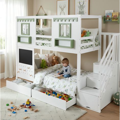 Letto a castello bambini 90x200 cm con armadio, scala contenitore a 3 livelli e 2 cassetti, bianco e verde, materasso non incluso (1/5)