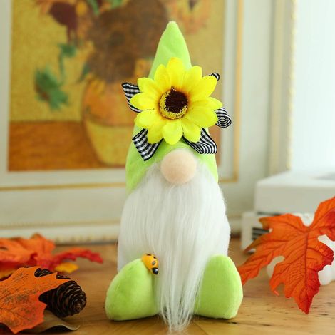 Gnome rustique en peluche avec coccinelle, abeille et tournesol, décoré d'un gnome de la récolte et d'une coccinelle, poupée de collection (vert) (1/3)