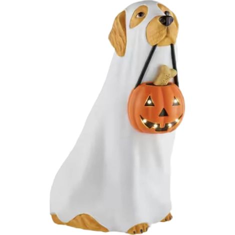 Figurine de Chien d'halloween Chien Fantôme Effrayant Lumineux Tenant Une Décorations En Résine À Piles Pour Fête Effrayante Bureau Porche Pelouse Étagères Porte D'Entrée Maison Table (1/5)