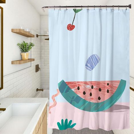 Rideau de douche en polyester, 120 x 180 cm, lavable en machine, lesté, séchage rapide, avec crochets, motif pastèque. (1/4)