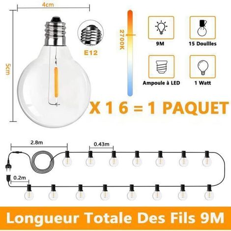 Guirlande Lumineuse Exterieure 9M avec 50 Ampoules G40 Guirlande Guinguette - Blanc chaud - LED - IP45 Imperméable (1/4)