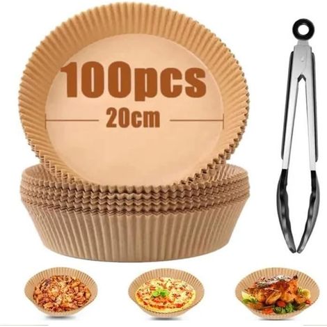 FOLAYA Papier Friteuse À Air [100 Pièces] + Pinces,Accessoires Friteuse Sans Huile,Papier Pour Friteuse À Air 20 Cm,Air Fryer (1/4)