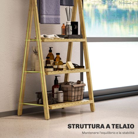 Étagère en bambou 3 étages pour salle de bain, avec 3 barres porte-serviettes, pliable, stable et autoportante (1/5)