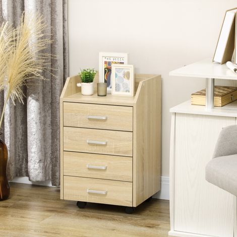 Cajonera de oficina con 4 cajones que ahorran espacio, mueble de oficina con ruedas y bordes elevados, para documentos y material de oficina, 40x36x65cm, madera natural.