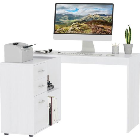 Bureau d'angle bureau droit modulable table à manger 2 en 1 bureau informatique tiroirs x 3 + 2 niches MDF, blanc (1/5)