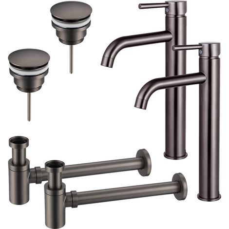 FugaFlow Eccelente Sobrado Kit robinet lavabo - pour double vasque - robinet rehaussé - bonde clic clac - siphon design bas - Gunmetal PVD (1/4)