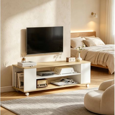 Meuble TV multifonction avec roulettes, panneaux en mélamine blanc et bois naturel, 120x40x38,5 cm (1/5)