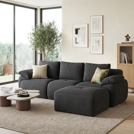Superaly - Canapé d'angle en velours côtelé - 3 Dossiers - 4 Coussins - Canapé d'angle modulable en forme de L avec ligne centrale - Repose-pieds intégré - Fonction relax - Livré monté - Gris foncé (1/5)