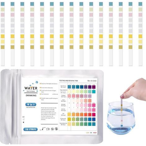 50Pcs 9 En 1 Bandelettes de Test pH pour Eau de Piscine et Spa. Test Eau Potable Bandelette Testeur Dureté de L'eau pour Aquarium. Pool Teststreifen pour Analyse pH Nitrites Chlore Dureté Piscine (1/5)