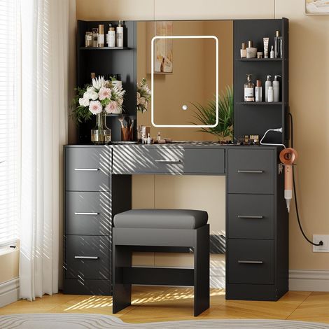Coiffeuse avec Miroir LED et Tabouret - Table de Maquillage Blanche 7 Tiroirs, Port USB et Support Sèche-Cheveux (1/5)