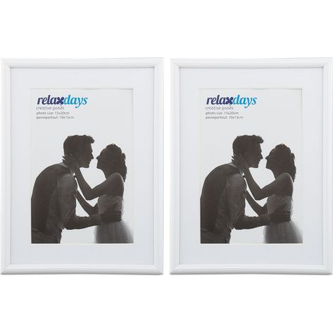 Relaxdays Bilderrahmen 2er Set, 15x20 cm, Passepartout 10x15 cm, Glasscheibe, Fotorahmen zum Stellen & Hinhängen, weiß (1/5)
