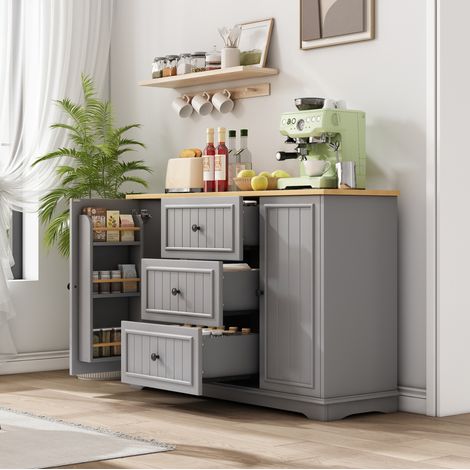 Buffet gris en MDF 126 x 40 x 86 cm avec 3 tiroirs et portes, HAVRYA (1/5)