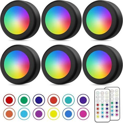 Spot LED Sans Fil, Couleurs Lampe Placard avec Telecommande, Eclairage Batterie Armoire Lumiere, Lot de 6,noir
