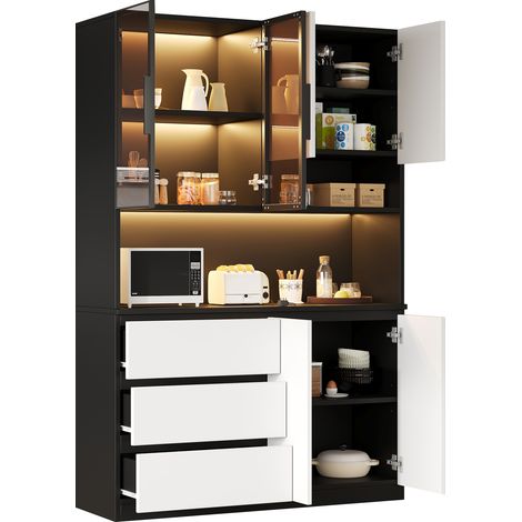 VIYET - Armoire Cuisine LED 120×40×180cm – 3 Tiroirs + 6 Portes - Étagères - Éclairage Réglable - Blanc et Noir (1/5)