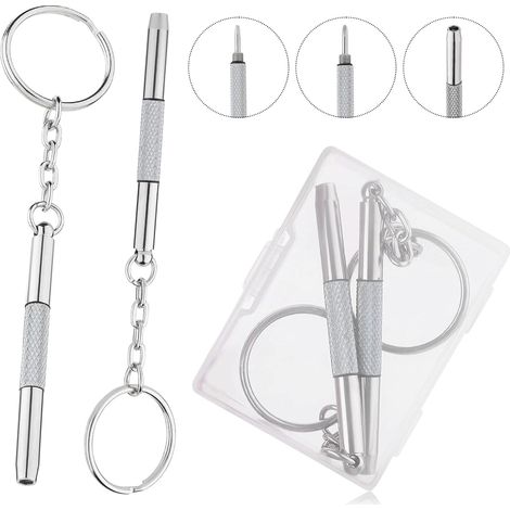 Kit de réparation de lunettes avec 2 mini tournevis - Mini tournevis de précision 3 en 1 pour lunettes, porte-clés tournevis miniature argenté pour lunettes, montres et bijoux (Phillips, hexagonal, pl
