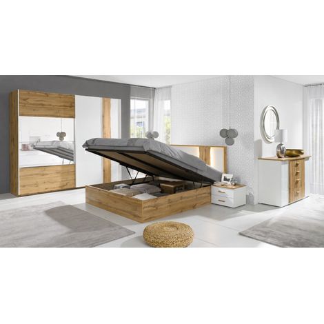 Chambre complète WOOD avec lit coffre 180 x 200 cm LED, armoire 250 cm, commode et chevets – Chêne et blanc