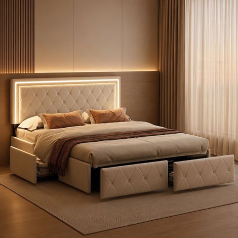 Lit double 160x200 cm, lit adulte avec 4 tiroirs et LED, sommier à lattes et tête de lit réglable en hauteur, simili-cuir pour adulte, Beige (1/5)