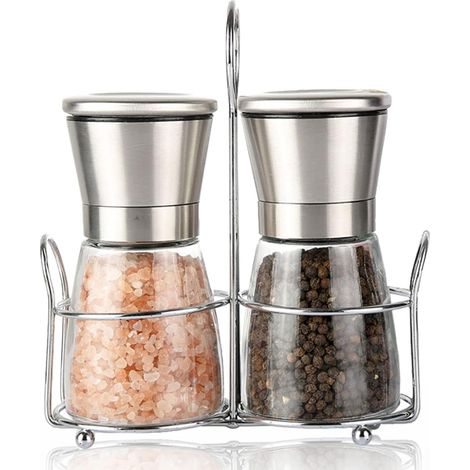 Lot de 2 Moulins à épices, Broyeur en céramique, Corps en verre, Réglable, Étagère en acier inoxydable (1/5)