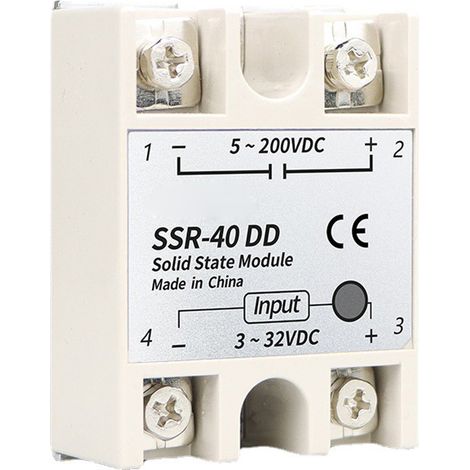 Relais statique monophasé SSR-40DD, commande DC pour charge DC, modèle SSR-40DD, 40A, usage industriel, commutation silencieuse, boîtier compact, idéal pour automatisation. (1/5)