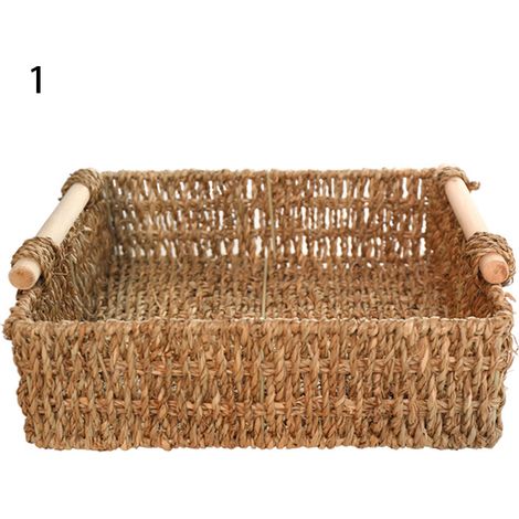 Panier en osier multifonction avec poignées en bois pour rangement bureau, jouets, snacks, cosmétiques