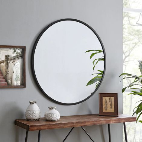 Spiegel Rund, 70cm Schwarz Dekorative Wandspiegel für Bad, Eitelkeit, Wohnzimmer, Eingangsbereich, Runder Spiegel Hängend oder Lehnend, Aluminium Rahmen (1/5)